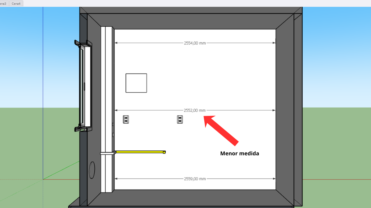 Diagrama no SketchUp mostrando a regra da menor medida e esquadro de parede para móveis planejados