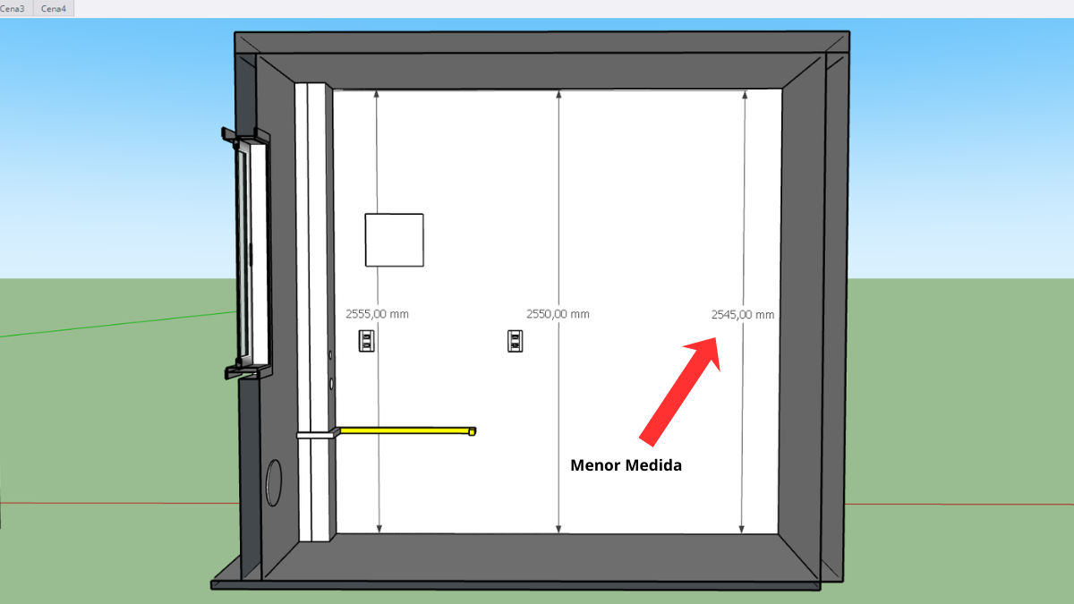 Diagrama no SketchUp mostrando a medição correta do pé-direito para móveis planejados