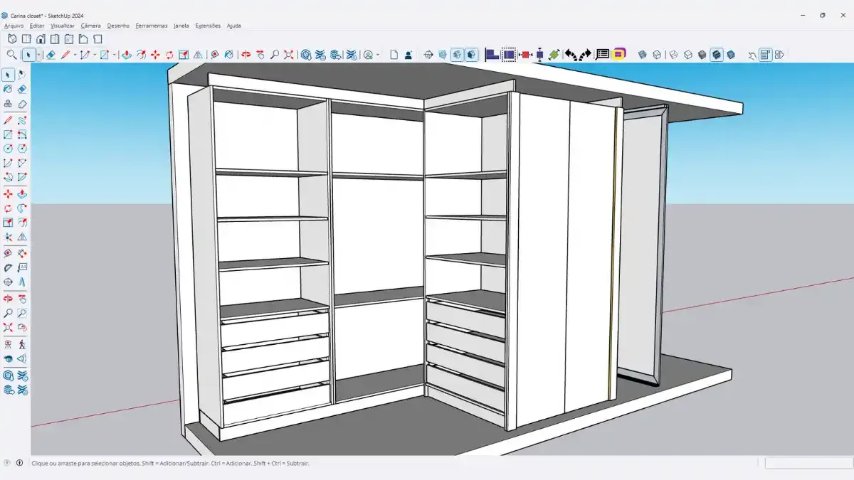 Design do projeto Estudo de Caso: Closet Duplo em "L" (Otimização Extrema)